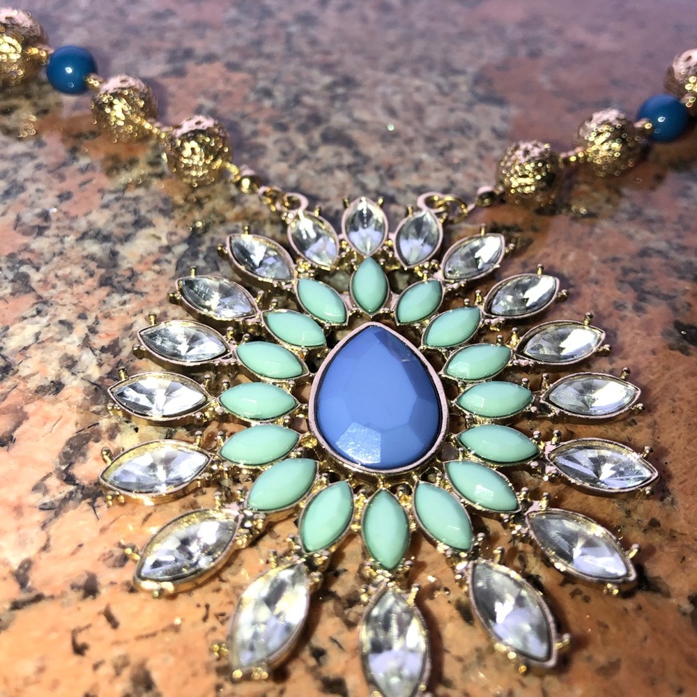 19.5” In Gold Beaded Blue Jeweled Necklace